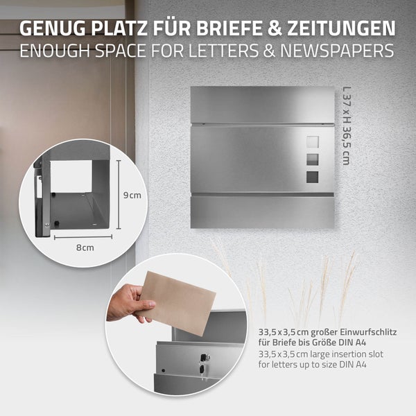 ECD Germany Standbriefkasten mit Zeitungsfach, Design Briefkasten Standfuß Freistehend, Anthrazit, Briefkastenständer Edelstahl Pulverbeschichtet 170cm, Postkasten Stahl matt gebürstet 37x10,5x36,5cm