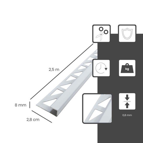 Fliesenprofil aus Metall: Länge 2,5 Meter, Breite 2,8 Zentimeter, Höhe 8 Millimeter, Materialstärke 0,8 Millimeter. Kürzbar und belastbar.