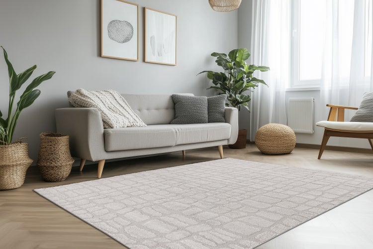 Helles Wohnzimmer mit einem modernen Teppich mit geometrischem Muster auf einem Parkettboden, ergänzt durch ein Sofa, Zimmerpflanzen und Dekoration.