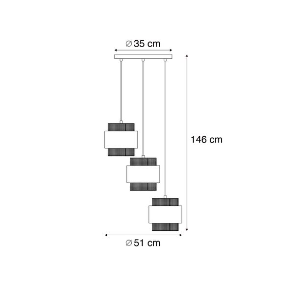 Maßzeichnung dreiflammige Pendelleuchte: Gesamthöhe 146 Zentimeter, Baldachindurchmesser 35 Zentimeter, Gesamtdurchmesser 51 Zentimeter.
