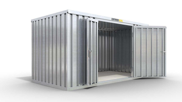 Lagercontainer Gerätehaus XXL+  – 12 qm, H2532 x B6020 x T2170 mm, verzinkt, mit Holzfußboden, 1830 mm Doppelflügeltür mittig in Breitseite, Erfolgt fertig montiert