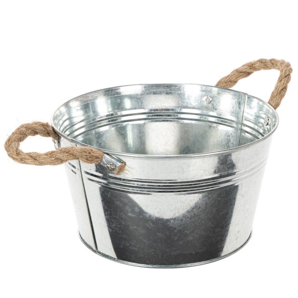 Verzinkter Metalleimer mit zwei Henkeln aus Naturseil.