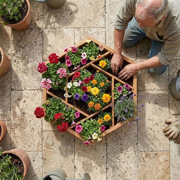 Ein Mann bepflanzt einen hexagonalen Pflanzkasten aus Holz mit bunten Blumen wie Petunien und Geranien auf einer Steinterrasse.