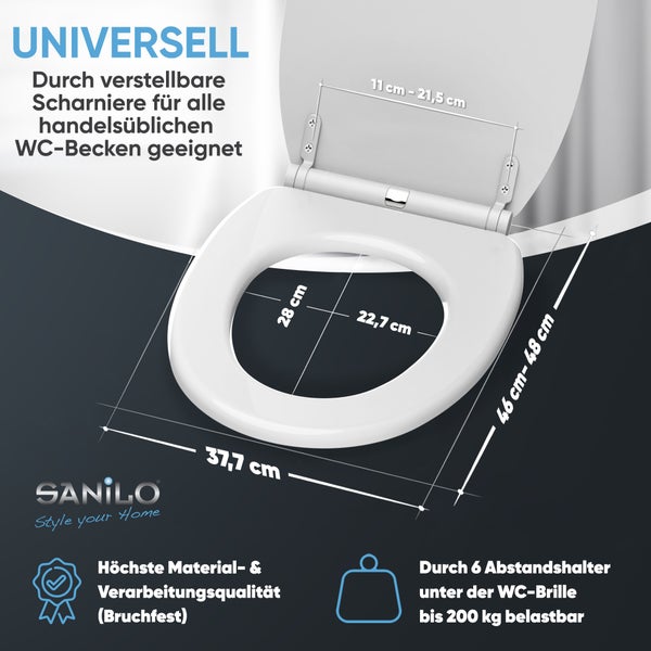 Universeller WC-Sitz mit Maßen 37,7 mal 46 bis 48 Zentimeter, verstellbare Scharniere, belastbar bis 200 Kilogramm, bruchfest, Sanilo Logo.