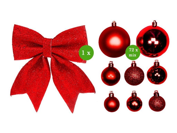 Weihnachtsbaumschmuck Set bestehend aus einer Schleife und 72 Christbaumkugeln in verschiedenen Oberflächenbeschaffenheiten.