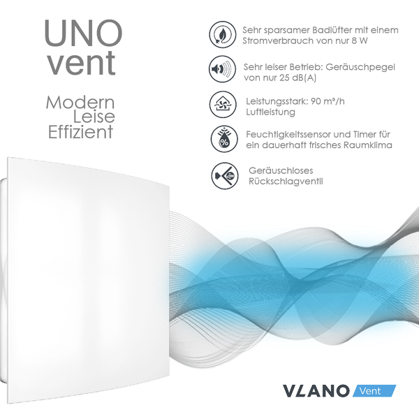 VLANO Vent UNO Badlüfter mit geringem Stromverbrauch, niedrigem Geräuschpegel, Feuchtigkeitssensor und Rückschlagventil