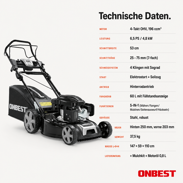 Technische Daten Onbest Benzin-Rasenmäher: 196 Kubikzentimeter Motor, 53 Zentimeter Schnittbreite, 5 in 1 Funktion und Elektrostart.