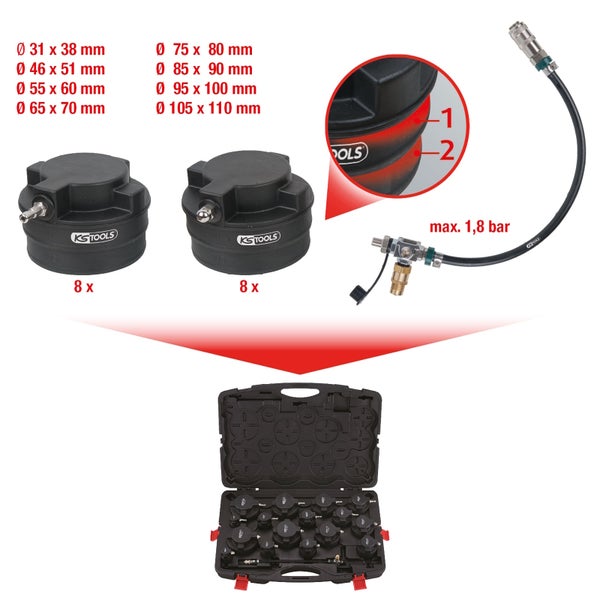 Druckprüfgerät für Kühlsysteme im Einsatz an einem Motor