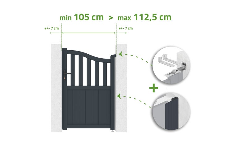 Gartentor mit Maßangaben von minimum 105 Zentimeter bis maximum 112,5 Zentimeter inklusive Befestigungsmaterial.