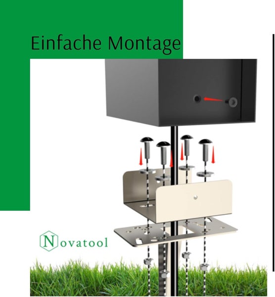 Explosionsdarstellung zur einfachen Montage eines Novatool Gehäuses auf einem Pfosten mit Schrauben und Halterungen. Novatool Logo.