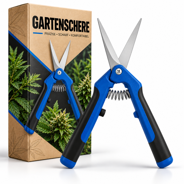 Gartenschere mit Metallklingen und ergonomischen Griffen neben ihrer Produktverpackung aus Pappe.