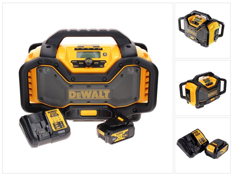 DeWalt Baustellenradio mit einem 18 Volt 4,0 Amperestunden Akku und einem Ladegerät.