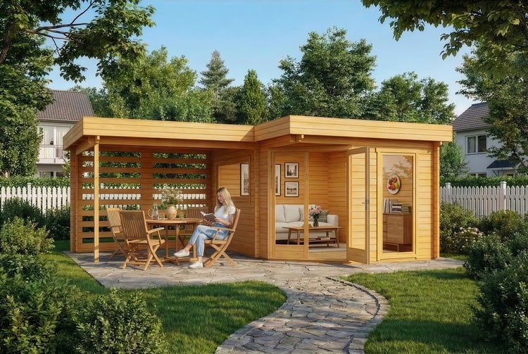 Modernes Gartenhaus aus Holz mit Flachdach, überdachter Terrasse und Glasfront, eingerichtet mit Gartenmöbeln in einem bepflanzten Garten.