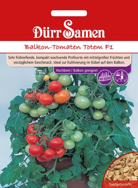 Dürr Samen Logo. Samentüte für Balkon-Tomaten Totem F1, kompakt wachsende Sorte, geeignet für Hochbeet und Balkon.