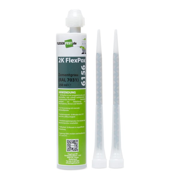 Kartusche FliesenFEST.de 2K FlexPox 6156 zementgrau 250 Milliliter inklusive zwei Mischdüsen für Fugenabdichtung.