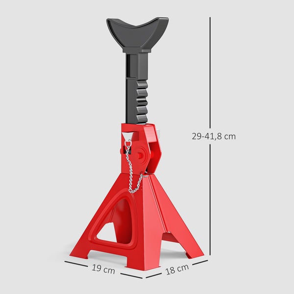 Roter Unterstellbock mit Maßen: Höhe 29 bis 41,8 Zentimeter, Breite 19 Zentimeter und Tiefe 18 Zentimeter.