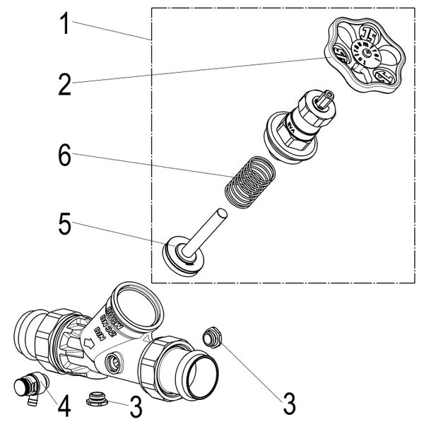 Technische Explosionszeichnung eines Schrägsitzventils mit nummerierten Einzelteilen wie Handrad, Spindel, Feder und Gehäuse.
