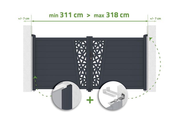 Zweiflügeliges Gartentor in Anthrazit mit horizontalen Lamellen, geometrischem Gitterdekor und Maßangaben von 311 bis 318 Zentimeter Breite.