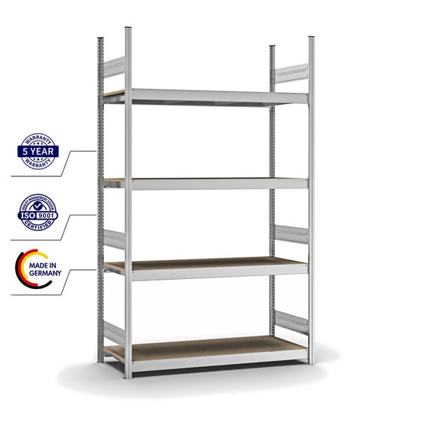 PROREGAL Weitspannregal Stecksystem T-Profil Grundregal HxBxT 250x150x50 cm 4 Ebenen Spanplatten Fachboden Fachlast 350 kg Verzinkt
