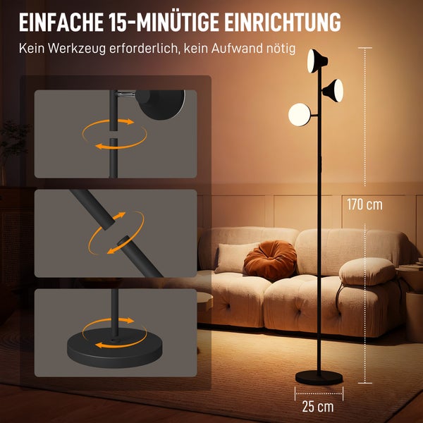 HOMCOM Stehlampe Wohnzimmer Dimmbar mit Leselampe, Stehleuchte RGB Farbwechsel mit Fernbedienung Touch-Steuerung 3 drehbare Köpfe 4150lm 2700K–6000K Standleuchte für Wohnzimmer Schlafzimmer