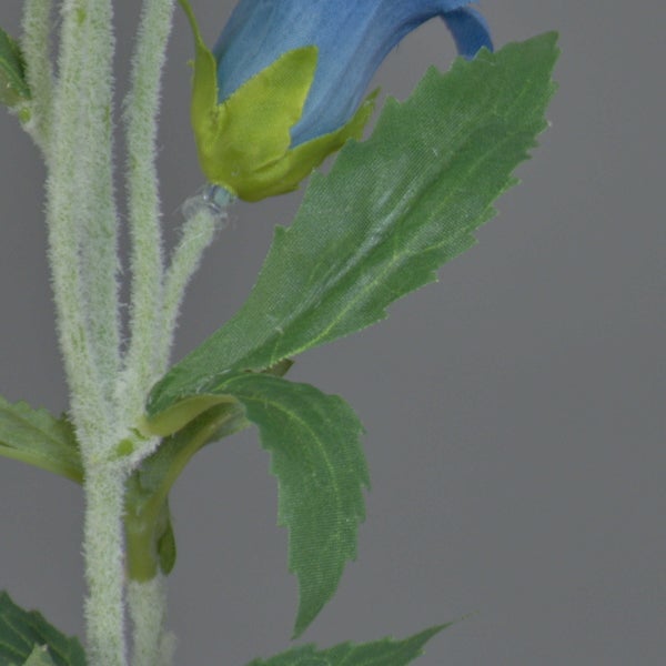 Nahaufnahme eines grünen Pflanzenstiels mit gezackten Blättern einer Kunstblume.