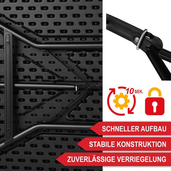 Unterseite eines Klapptisches mit Verriegelung, schneller Aufbau innerhalb von 10 Sekunden, stabile Konstruktion und zuverlässige Verriegelung.