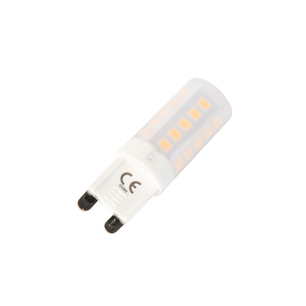 G9 LED Leuchtmittel in Stiftsockelform mit sichtbaren LED Einheiten und europäischer Konformitätskennzeichnung.