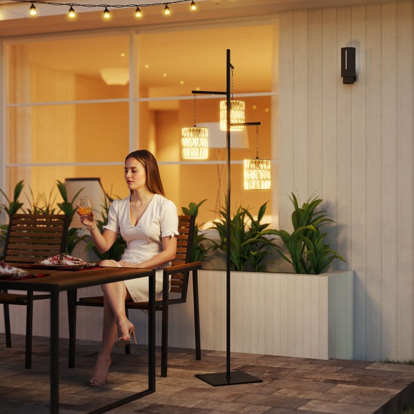 Outsunny Solar Stehlampe Rattan Solarlampen mit Lichtsensor 3 Lichten Automatische Solarleuchte im Boho-Stil IP44 Wasserdichte Solarlampe Outdoor Lampe Solarlaterne für Garten Balkon Außen Rasen Hof
