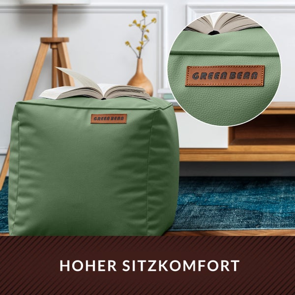 Quadratischer Sitzsack mit Buch und Green Bean Logo