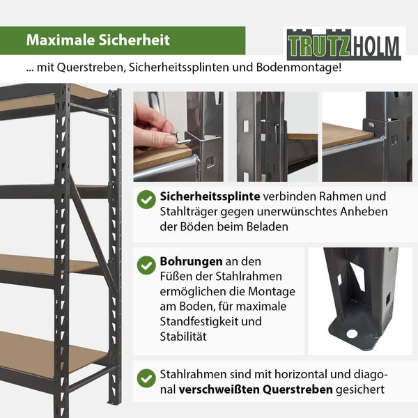 Detailansicht eines Schwerlastregals von Trutzholm mit Sicherheitsmerkmalen