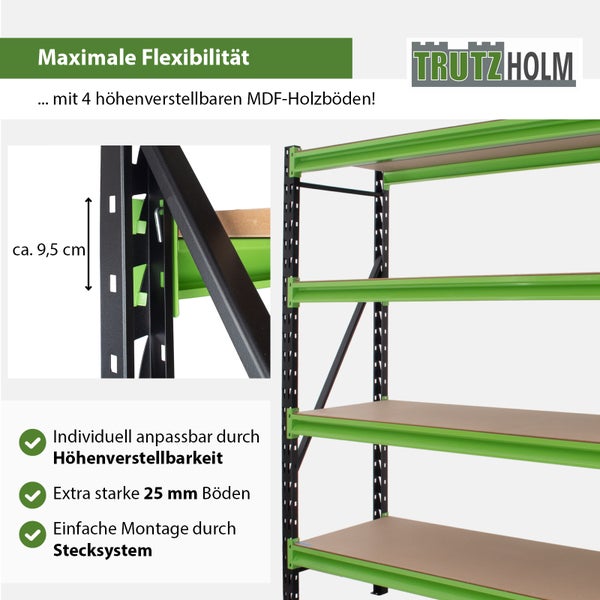 Trutzholm Schwerlastregal mit 4 höhenverstellbaren MDF Holzböden und Stecksystem zur einfachen Montage.