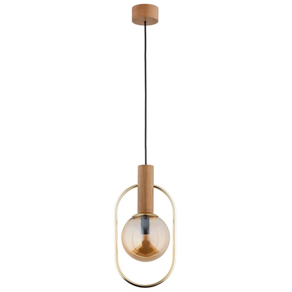 Moderne Pendelleuchte mit Holz-Elementen und einer kugelförmigen Glasleuchte in einem ovalen Metallrahmen für die Deckenmontage.