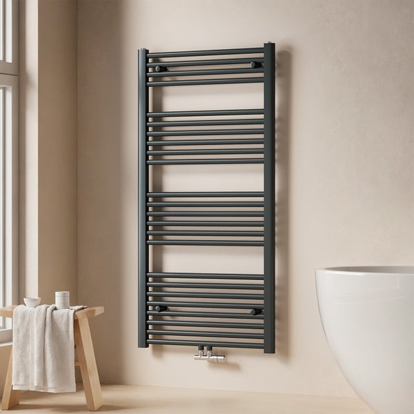 EMKE Badheizkörper Handtuchheizkörper 120x60 cm, Wasserbetrieb, Mittelanschluss, 598W, Rundrohr-Design, Anthrazit, für Badezimmer