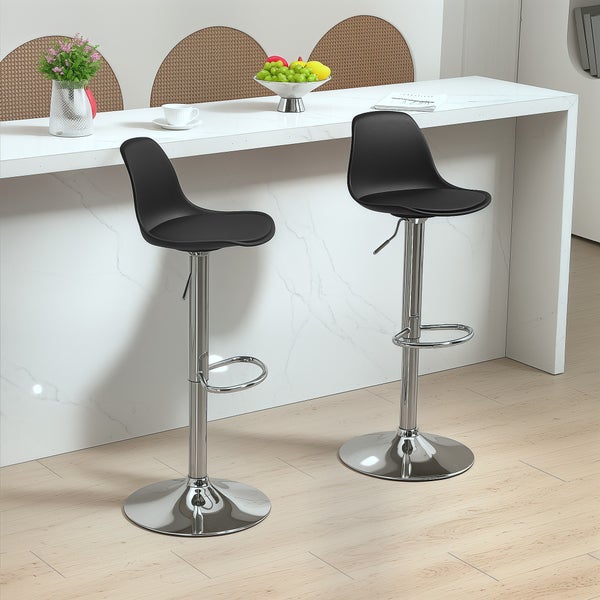 HOMCOM Barhocker 2er Set, Gepolstert Barstuhl mit Stahlgestell, Lehne, Höhenverstellbar Küchenstühle mit Fußstütze 360° Drehbar Tresenhocker für Küche, Wohnzimmer, Esszimmer, Kunstleder Schwarz