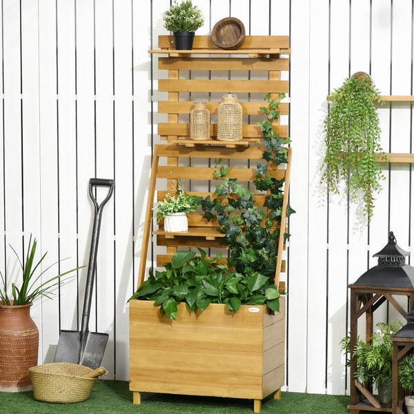 Outsunny Hochbeet mit Rankgitter, Pflanzkasten mit 3 Ablagen, Blumenkasten mit Rankhilfe, für Kletterpflanzen, Garten, Terrasse, aus Holz, Braun, 63 x 39 x 160 cm