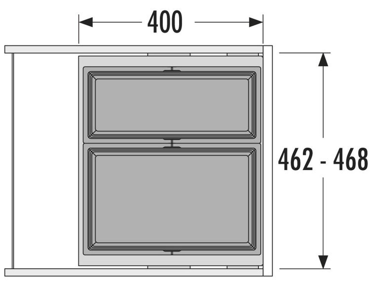 Technische Zeichnung eines Abfalltrennsystems mit Maßen von 400 Millimeter Breite und 462 bis 468 Millimeter Tiefe für den Küchenschrank.