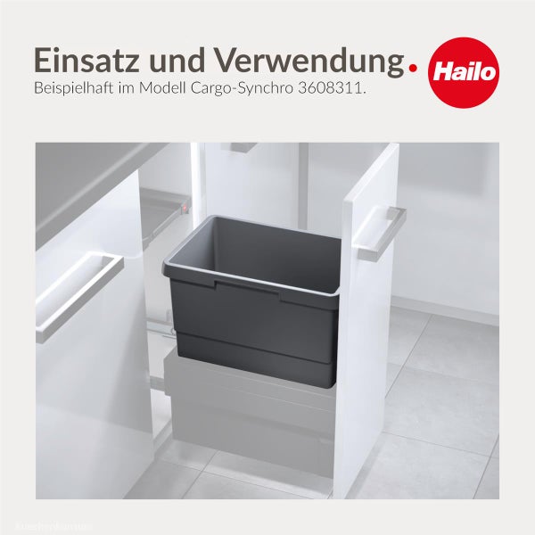Hailo Mülltrennsystem Cargo-Synchro in einem Küchenunterschrank mit Auszug. Hailo Logo.