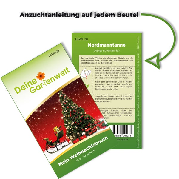 Vorder- und Rückseite einer Samentüte für Nordmanntanne mit detaillierter Anzuchtanleitung von Deine Gartenwelt.