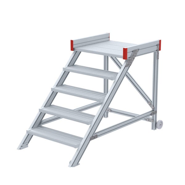 Mobile Arbeitsplattform aus Aluminium mit fünf Stufen und großer Standfläche.