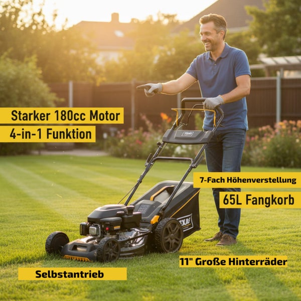 Mann nutzt Benzin-Rasenmäher Texas mit 180 Kubikzentimeter Motor, 4-in-1 Funktion, 65 Liter Fangkorb und Selbstantrieb im sonnigen Garten.