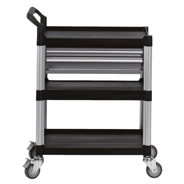 Mobiler Werkstattwagen mit vier Ablagen, zwei Schubladen und Aluminiumrahmen.