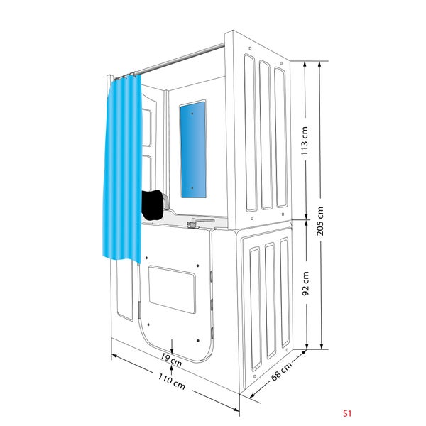 Barrierefreie Duschkabine mit Maßen: Breite 110 Zentimeter, Tiefe 68 Zentimeter, Gesamthöhe 205 Zentimeter, Einstiegshöhe 19 Zentimeter.
