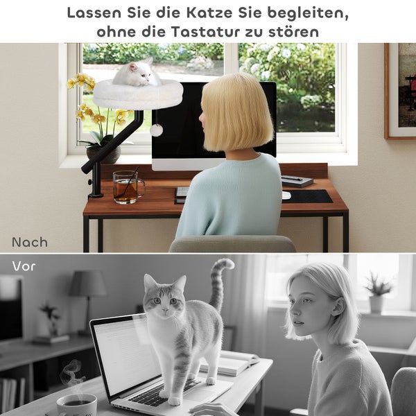 Szene mit einer Frau am Schreibtisch und einem Katzenbett, das an einem Monitorarm befestigt ist, um die Katze vom Tippen auf der Tastatur abzuhalten.
