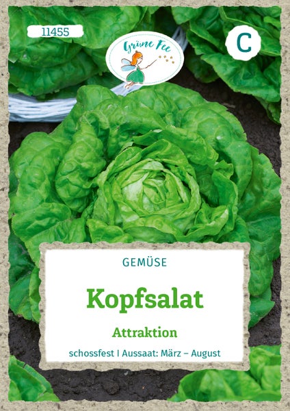 Samentüte für Kopfsalat Attraktion, Grüne Fee Logo, schossfest, Aussaat von März bis August, Abbildung eines Salatkopfes.