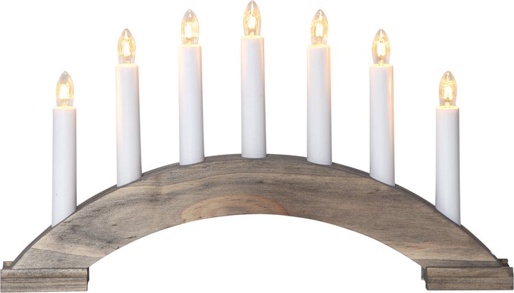 Holzschwibbogen mit sieben elektrischen Kerzen für die Weihnachtsdekoration