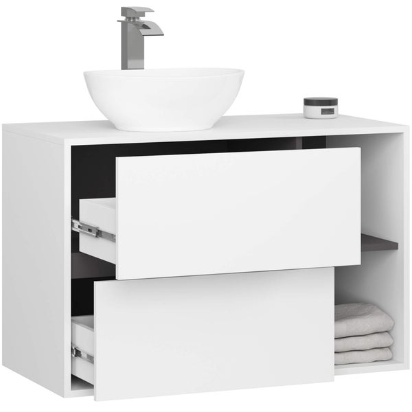 Waschtisch mit Aufsatzwaschbecken, Armatur, zwei Schubladen, Ablage und Handtüchern für das Badezimmer