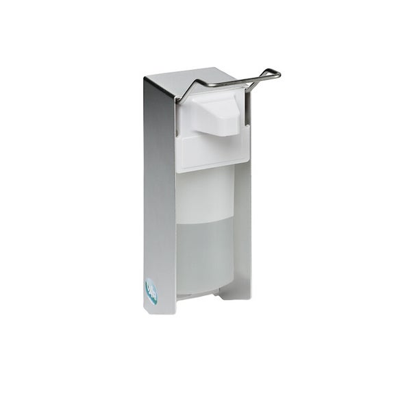 Seifenspender oder Desinfektionsmittelspender aus Aluminium mit Armhebel zur Wandmontage.