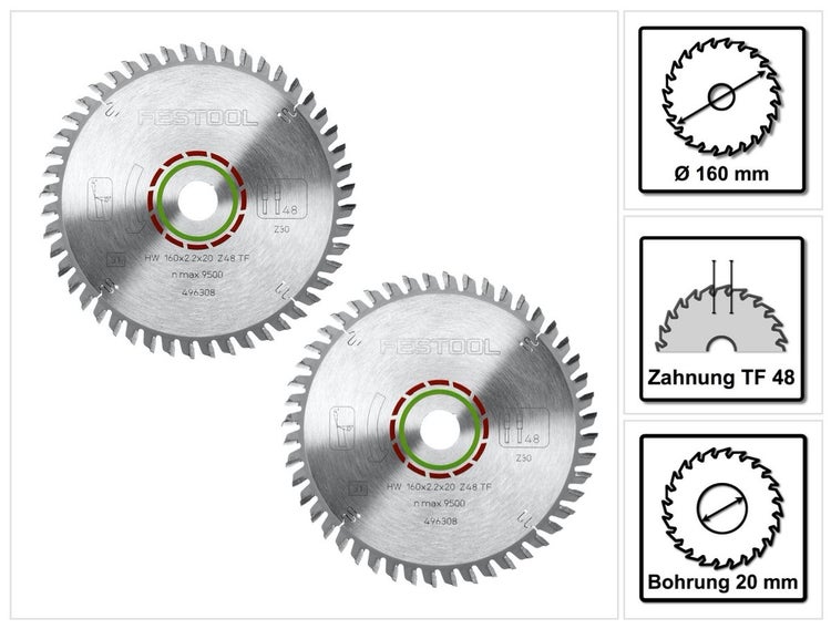 Festool Spezial Kreissägeblatt Set 2x HW 160 x 2,2 x 20 mm TF48 160 mm ( 2x 496308 ) 48 Zähne