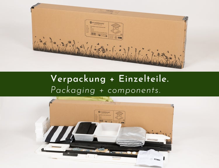 WONDERMAKE® Design Sandkasten mit Matschküche, Dach, Abdeckung OXFORD 420D, Vliesfolie, Sandkiste Holz quadratisch verschließbar Outdoor Garten für Kinder, schwarz weiß