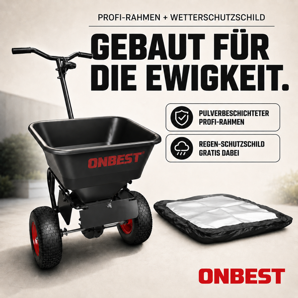 Onbest Streuwagen mit pulverbeschichtetem Rahmen und inklusivem Regenschutzschild.